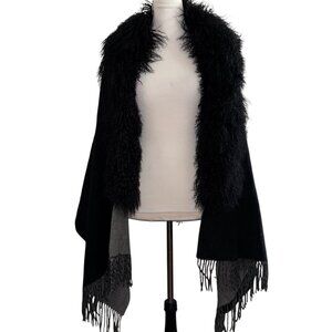 Pologeorgis Black Gray Curly Shearling Lamb Fur Wool Blend Wrap Shawl